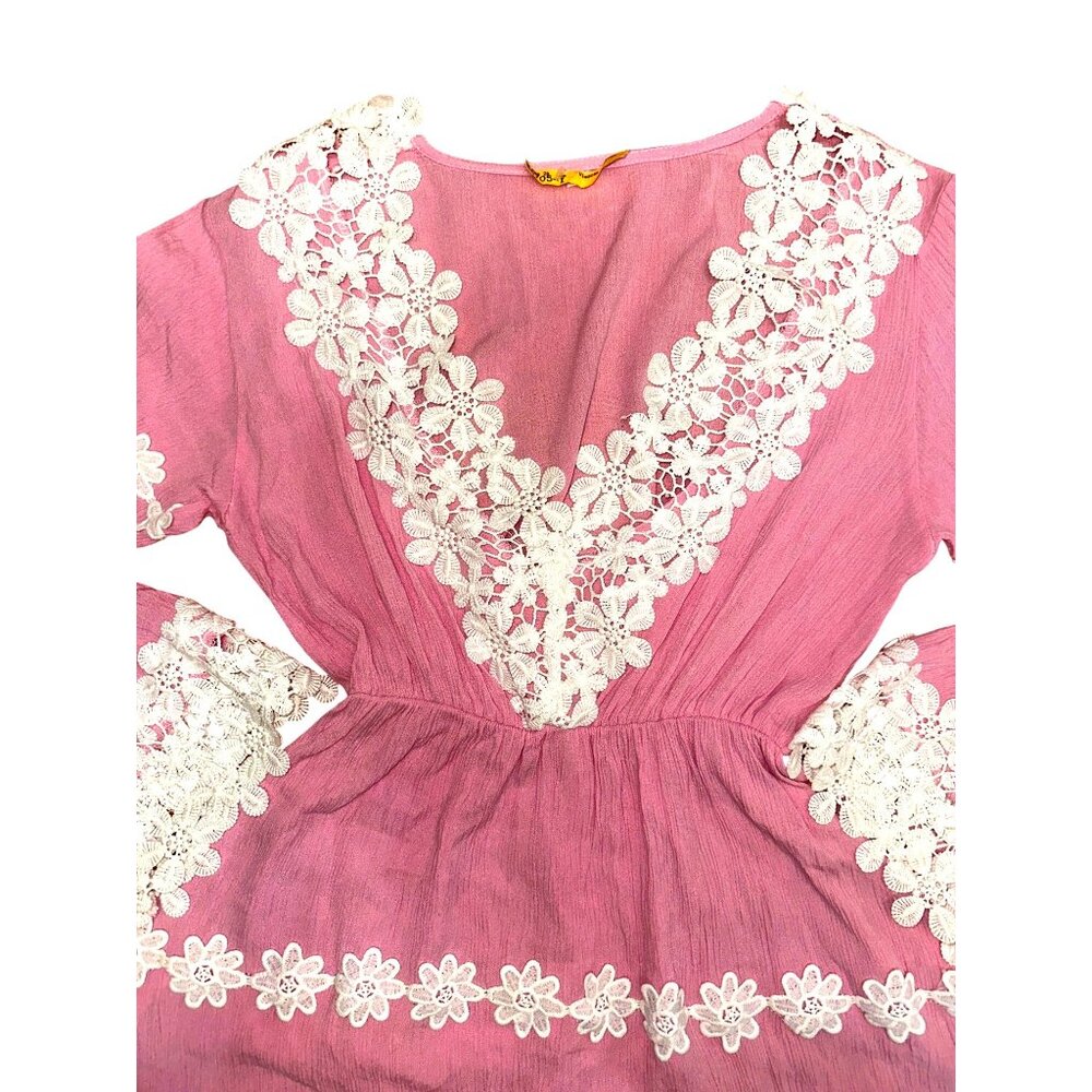 CCC Daisy Lace Trim Long Sleeve Pink Boho Dress Floral Cotton Embroidery Size LG - Picture 10 of 11